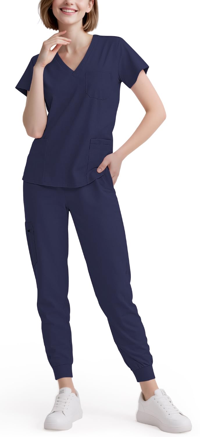 Photo 1 of Eadflie Scrubs for Women Set - 8-Pocket V-Neck Scrub Uniform, Stretch Jogger Pants, Medical Workwear for Nurses, Pet Care (Navy Blue/M)