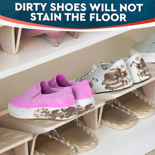 COOLive 4 Pcs Shoe Slots Organizer for Closet – 10 x 8.7 Inches, Space Saver, Double Layer Shoe Dividers for Shelves – Durable, Stackable Shoes Organizer for Closet | Fits Heels, Sneakers, Flats
