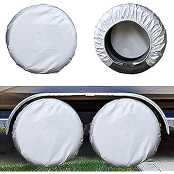 kayme Four Layers Tire Covers Set of 4 for Rv Travel Trailer Camper Vinyl Wheel, Sun Rain Snow Protector, Waterproof, Silver, Fits 27-29 Inch Tire Diameter L