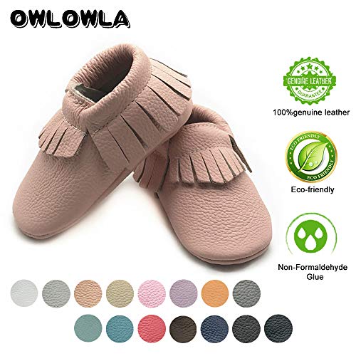 Owlowla Baby Moccasins Leather Soft Sole Newborn Crib Shoes for Boys and Girls(Blush,US4) - Thumbnail 3