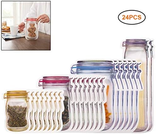 Creamon Mason Jar Bags, 24Pcs Fresh-keeping bag Mason Jar Bags Snack Sandwich Ziplock Bags Reusable Airtight Seal Food Storage Bags Leakproof Food Saver Bags Assorted Color