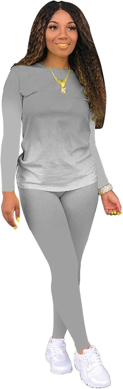 Tie Dye Women 2 Piece Outfits for Women Sexy Bodycon Outfits Plus Size Tracksuits Crewneck Long Sleeve T Shirts Pant Set Grey L at  Women’s Clothing store