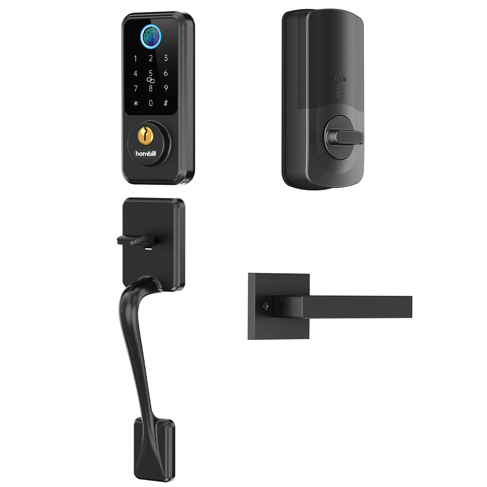 Hornbill Smart Lock Front Door - Keyless Entry Door Lock with Handle Set, Smart Deadbolt for Front Door, Bluetooth Fingerprint Biometric Auto Lock for New House, Airbnb, Office, Appartment
