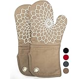 Heat Resistant Kitchen Oven Mitts With Non-Slip Silicone Printed, Set Of 2 Oven Gloves for BBQ cooking baking, Grilling, Barbecue,microwave, Machine Washable.(Khaki)