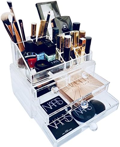 Acrylic 2 Piece Makeup Vanity Organizer - Transparent Display Box with 4 Drawers, Lipstick Holders and Compartments, Clear Riser Stand for Cosmetics, Accessories, Jewelry, Nail Polish