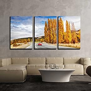 3 Piece Canvas Wall Art - Autumn Landscape with Road and Red Car, New Zealand - Modern Home Art Stretched and Framed Ready to Hang - 16"x24"x3 Panels