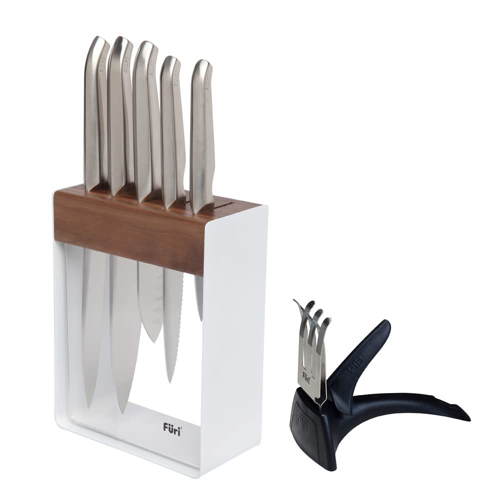 Furi Pro White Steel Knife Block Set 7 pc, Knife Block with Five Premium Knives and Sharpener for a Superior Cutting Performance, Stainless Steel Blades, Ergonomic Reverse-Wedge, Anti-Fatigue Handle