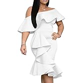 GOBLES Women's Elegant Off The Sholder Back Zipper Ruffles Bodycon Midi Cocktail Dress