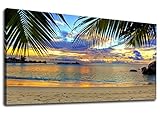 Canvas Wall Art Tropic Beach Sunset with Palm Tree Leaves Panoramic Coast Sunset Painting Prints - Long Canvas Artwork Seascape Ocean Contemporary Nature Picture for Home Office Wall Decor 20