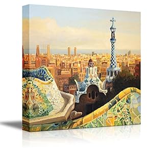 Beautiful Landscape Barcelona Park Guell Terrace at Dusk...