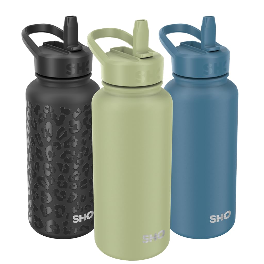 SHO Guzzler Water Bottle with Straw Lid - Leakproof, Dishwasher Safe, BPA Free, No Sweat, Vacuum Insulated Double Walled Metal Flask, 950ml & 1900ml - 24 Hours Cold (Sage, 950ml)