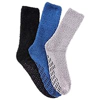 RONGBLUE Mens Non Skid/Slip Fuzzy Socks Super Soft Warm Home Winter Slipper Socks 3 Pairs (3 Pack Black/Gray/Blue)