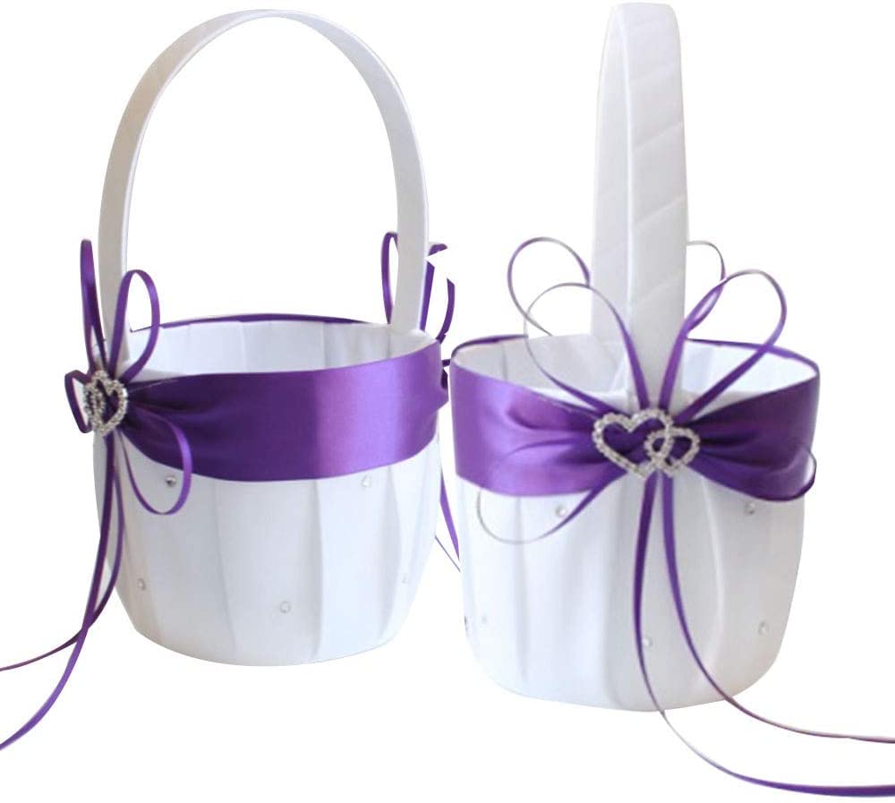 Photo 1 of 2PCS Wedding Flower Girl Baskets,White Satin Flower Storage Basket with Double Heart Rhinestone Craft for Engagement Ceremony Party Decor (Purple)
