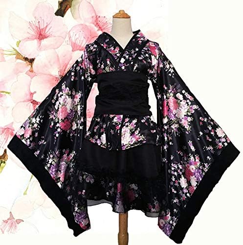 Lolita Kimono Cosplay Costume with Frilled Skirt,Flower Sakura Printing Kimono Robe Yukata Japanese Dress,Women's Cosplay Lolita Fancy Dress Japanese Kimono Anime Costumes L