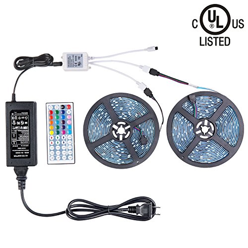 WenTop Led Light Strip Kit with DC12V UL Listed Power Supply SMD 5050 32.8 Ft (10M) 300leds RGB 30leds/m and 44 key Ir Controller Kitchen Bedroom Sitting Room, TV Backlighting, Bedroom, Bed and More