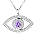 Rhodium Plated Sterling Silver Evil Eye Hamsa Purple White CZ Pendant Necklace 18