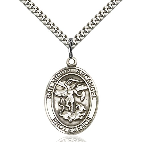 Sterling Silver San Miguel Arcangel Pendant 1 x 3/4 inches with Heavy Curb Chain