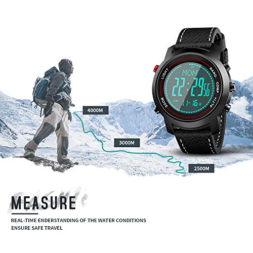 Men Digital Sports Watches with Compass Pedometer Altimeter Barometer Military Waterproof Wristwatch with Leather Band