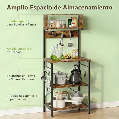 YYDSKIT Alacena de Almacenamiento de 5 Niveles, Estante de Cocina con 6 Ganchos，Estantes Organizadores, Estante de Microondas, Almacenamiento Multiusos de Cocina, Sala, Oficina，Cafetería (Marrón)