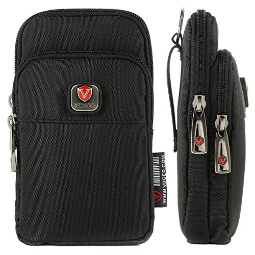 VIIGER Nylon Dual Pocket Phone Case Holster Belt Loop Pouch Bag Mens Zipper Belt Pouch with Clip Smartphone Holder Compatible for iPhone 17 Pro Max iPhone 16 Pro Max S25 Ultra S25+, black