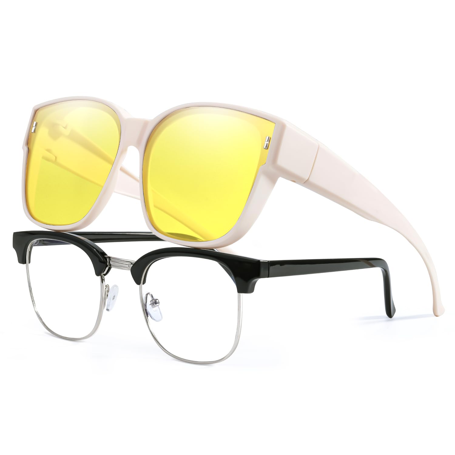 LVIOE Night Driving Fit Over Glasses Polarised Trendy Modern Yellow Tinted Lens Anti-Glare for Night Vision Headlight Glasses