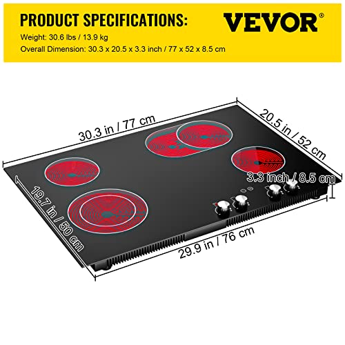 VEVOR Built in Electric Stove Top, 30 inch 4 Burners, 220V Ceramic Glass Radiant Cooktop with
