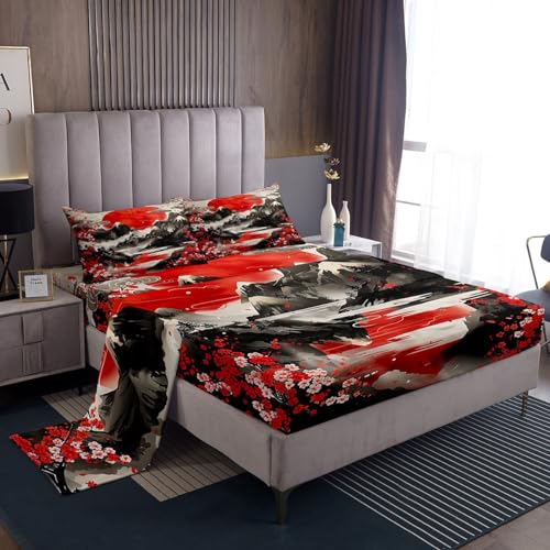 Japanese Art Landscape Kids Sheet Full Size,Japan Ukiyo-e Cherry Blossom Romantic Bedding Set,Boys Girls Room Decor,Red Sun Mountain Black White Bed Sheet Set 4pcs(Fitted + Flat + 2 Pillowcases)