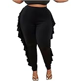 WDIRARA Women's Plus Size Ruffle Camo Print Pants Elastic High Waisted Leggings Skinny Pants