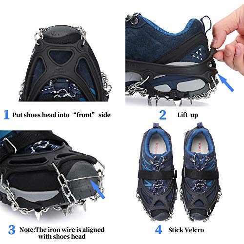 Crampons Traction Cleats Ice Cleats Snow Grips Grippers Anti Slip Stainless Steel Microspikes with 19 Spikes 1 Free Pouch for Men Women Boots Shoes Hiking Backpacking Mountaineering