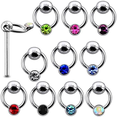 20 Pieces Mix Color Jeweled Round on Moving Ring 925 Sterling Silver Nose Pin Straight End 20Gx5/16 (0.8x8MM). Pack in Acrylic Box.