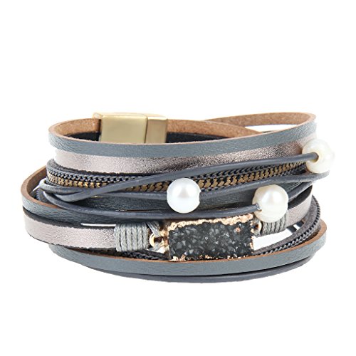 COOLLA Women Genuine Leather Vintage Volcanic Stone Wrap Bangle Bracelet Pearl Pendant Magnet Buckle (Grey) - Thumbnail 2
