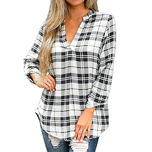 Clearance Deals V-neck Blouse,ZYooh Fashion Women Spring 3/4 Sleeve Plaid Check Shirt Loose Blouse Top (white, XL) - Thumbnail 4