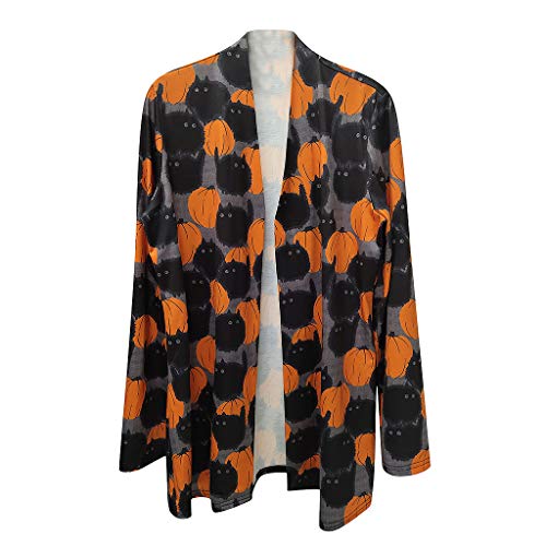 Women\'s Halloween Cardigan Casual Cat Pumpkin Animal Print Long Sleeve Open Front Loose Plus Size Outerwear Autumn