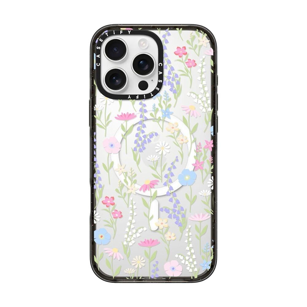 CASETiFY Impact iPhone 16 Pro Max Case [Slim / 8.2 ft. 4X Military Grade Drop Protection/Compatible with Magsafe] - Pink Pastel Cute Floral - Clear Black