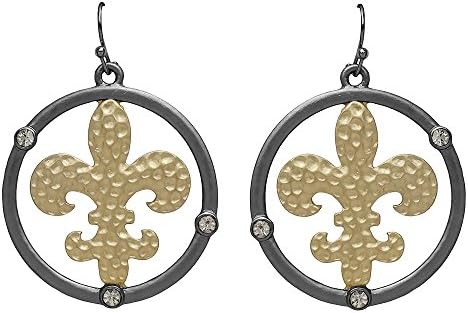 Seraphina New York Hammered Fleur-de-lis Centered Circle Dangle Fish Hook Earrings (Gold/Hematite)