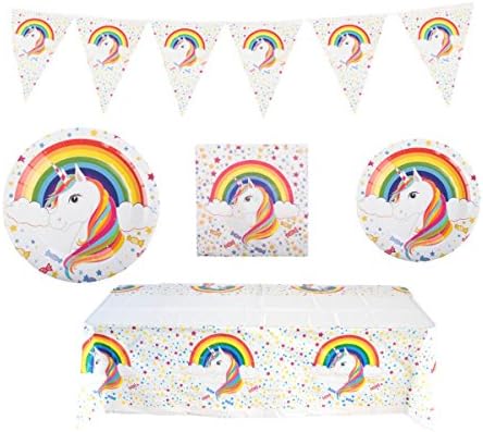 Rainbow Unicorn Party Supplies - Unicorn Themed Birthday Party, Unicorn Tablecloth and Unicorn Birthday Banner, Unicorn Party Plates and Napkins, Magical Unicorn Party Supplies, Serves 16