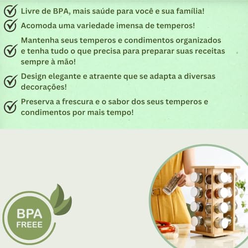 Porta Temperos de Bambu Giratório 16 Potes de Vidro Organizador Condimentos Especiarias Cozinha