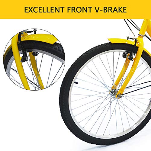 SURPCOS Adult Tricycle Cruise Bike Full Size 3 Wheeled Trike Bicycle with Wire Shopping Basket (Yellow, 7-Speed, 24" Wheel) - Thumbnail 4