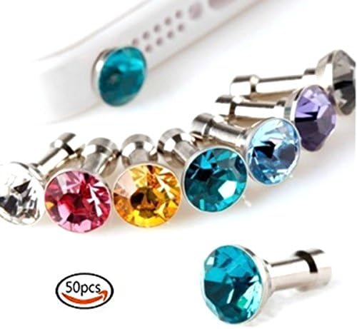 50pcs Bulk Crystal Bling Metal Anti Dust Plug Stopper for Smartphone Cellphone and any 3.5mm Earphone Jack, 10 Colors