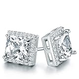 Outop 18K White Gold Plated Princee Cut Cubic Zironia Halo Stud Earrings for Women
