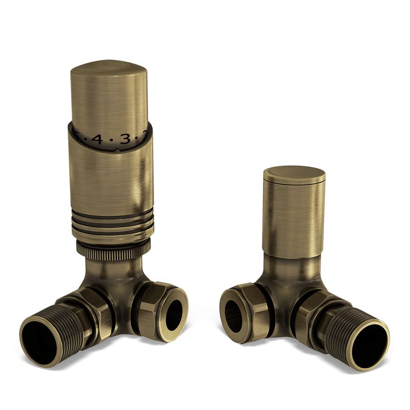 UK Radiators Antique Brass Thermostatic Radiator Valve 15mm Corner Lockshield Valve in Antique Brass Color and Brushed Finish - Classy and Modern Design 1/2" x 15mm Corner Radiator Valve