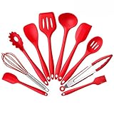 Silicone Kitchen Utensils Set, 10 Pieces Silicone Cooking & Baking Tool Sets Non-toxic Hygienic Safety Heat Resistant With Tongs, Whisk, Brush, Ladle, Spatula, Slotted Spoon, Spoonula (Red)