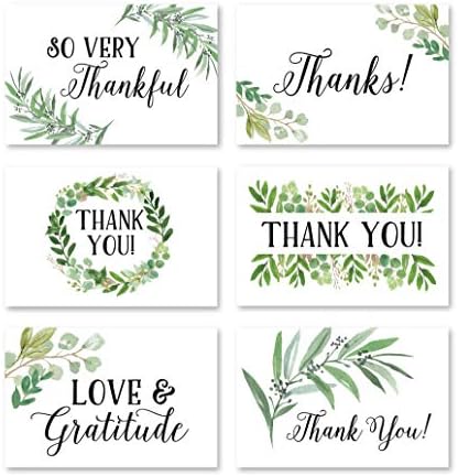 24 Greenery Foliage Thank You Cards With Envelopes, Simple Note For Adult Funeral Sympathy or Gift Gratitude Supplies For Grad, Birthday, Baby or Watercolor Bridal Wedding Shower For Boy or Girl Kid