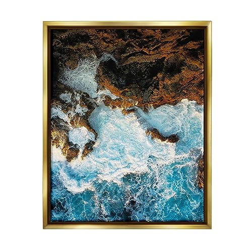 Stupell Industries Rocky Ocean Waves View Gold Framed Floater Canvas Wall Art D…