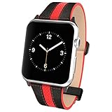Apple Watch Pebble Leather Dual Material Band, Poetic [Premium Leather] Apple Watch 42mm Replacement BandNEW [Volante] - Premium Material Pebble Leather with Quilted Leather and Red Sport Stitching Design and Wide Band with Integrated Metal Clasp for Apple Watch 42mm (2015) - Black/Red (3-Year Manufacturer Warranty From Poetic)