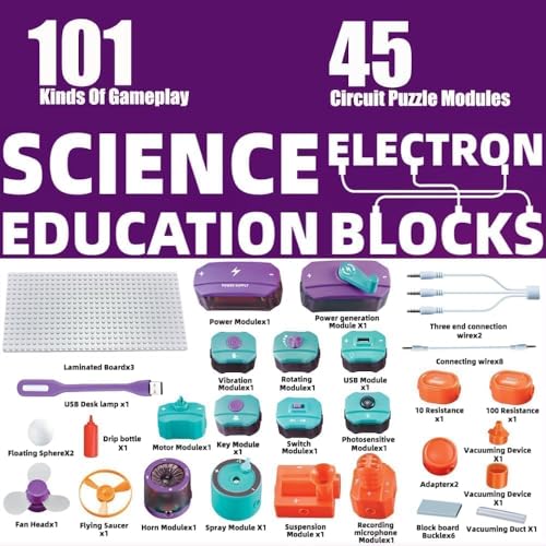 Electronic Circuit Set with 45 Circuit Blocks,101 Experiments to Learn Electricity, DIY Electronic Exploration Kit, STEM Educational Toys for Kids Ages 3+