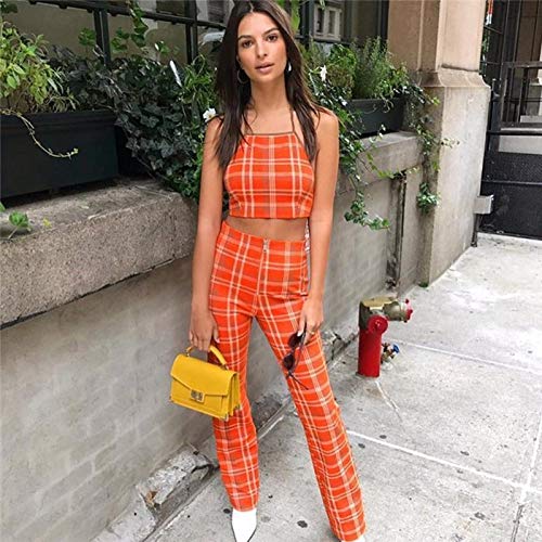 loukou Women Casual Halter Sleeveless Plaid Tops High Waist Zip Pants Set Pantsuits Orange