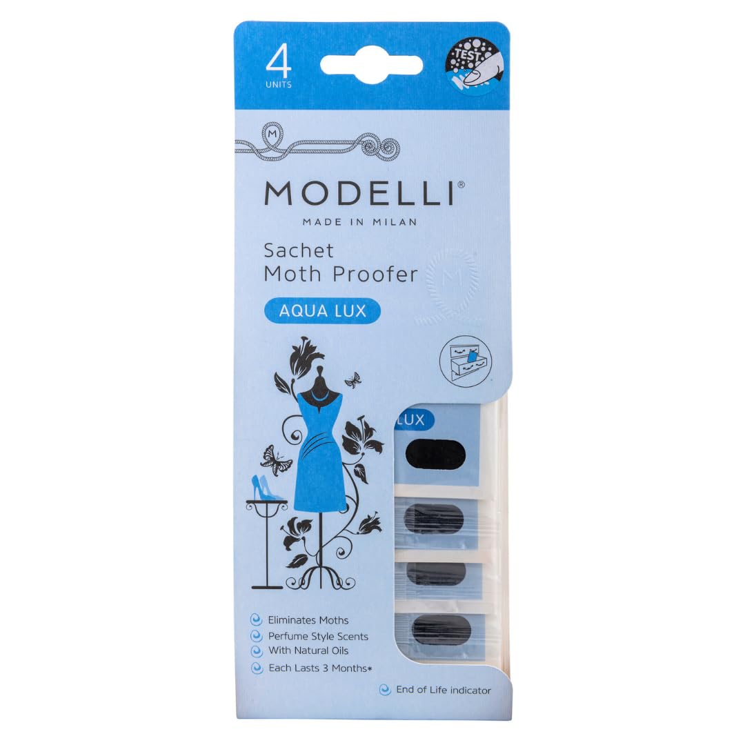 Modelli Sachet Moth Proofer, Pack of 4 Sachets - Ideal for Protecting Clothes, Fabrics & Woolens - Aqua Lux - Visual End of Life Indicator
