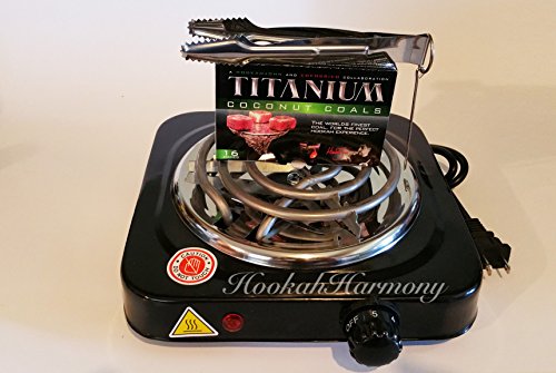 HookahHarmony Hookah Charcoal Coco Burner 1100 Watt Hot Plate FREE Titanium Coals + Shisha Tongs Black Electric Nara Heater Single Coil Stove