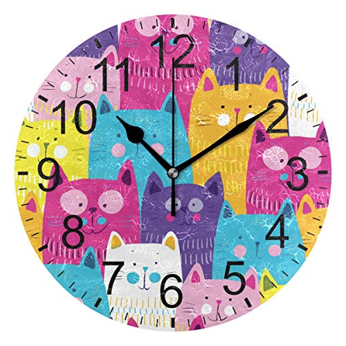 LUCASE LEMON ALEX Cute Cartoon Colorful Cats Kitty Round Acrylic Wall Clock Non Ticking Silent Clocks for Home Decor Living Room Kitchen Bedroom Office School
